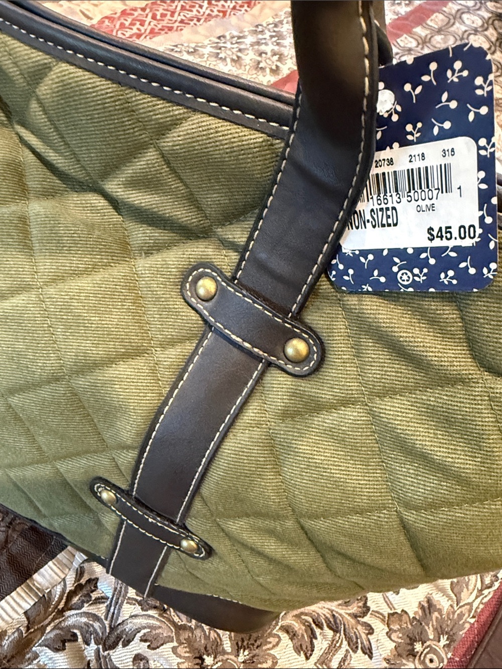 G.H. Bass& Co. Olive Quilted Tote Bag with Brown Trim - Picture 5 of 8